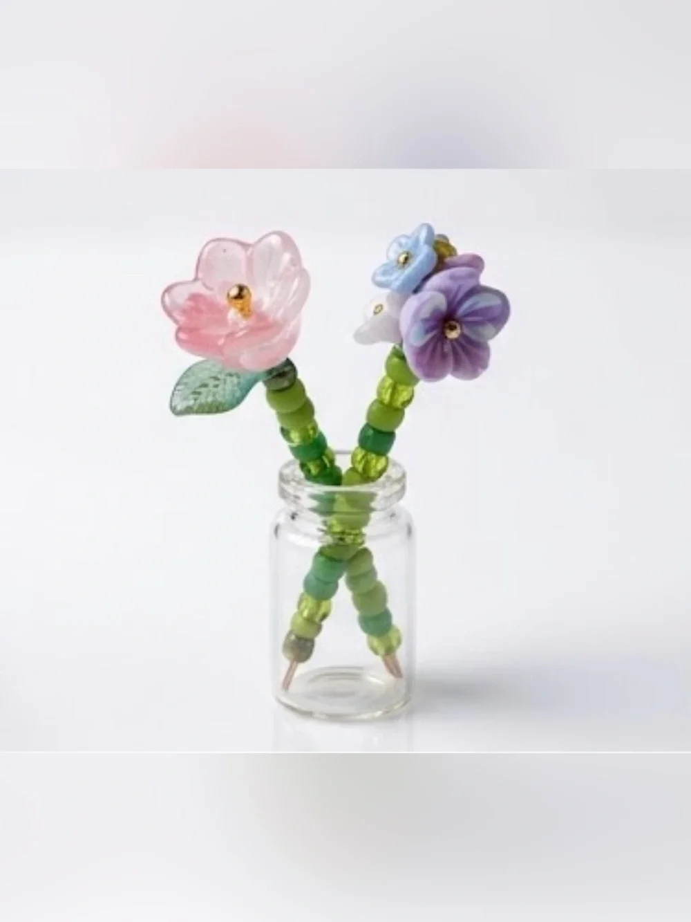 Miniature Handmade Beaded Flower Bouquets with Glass Vases- Set of 4